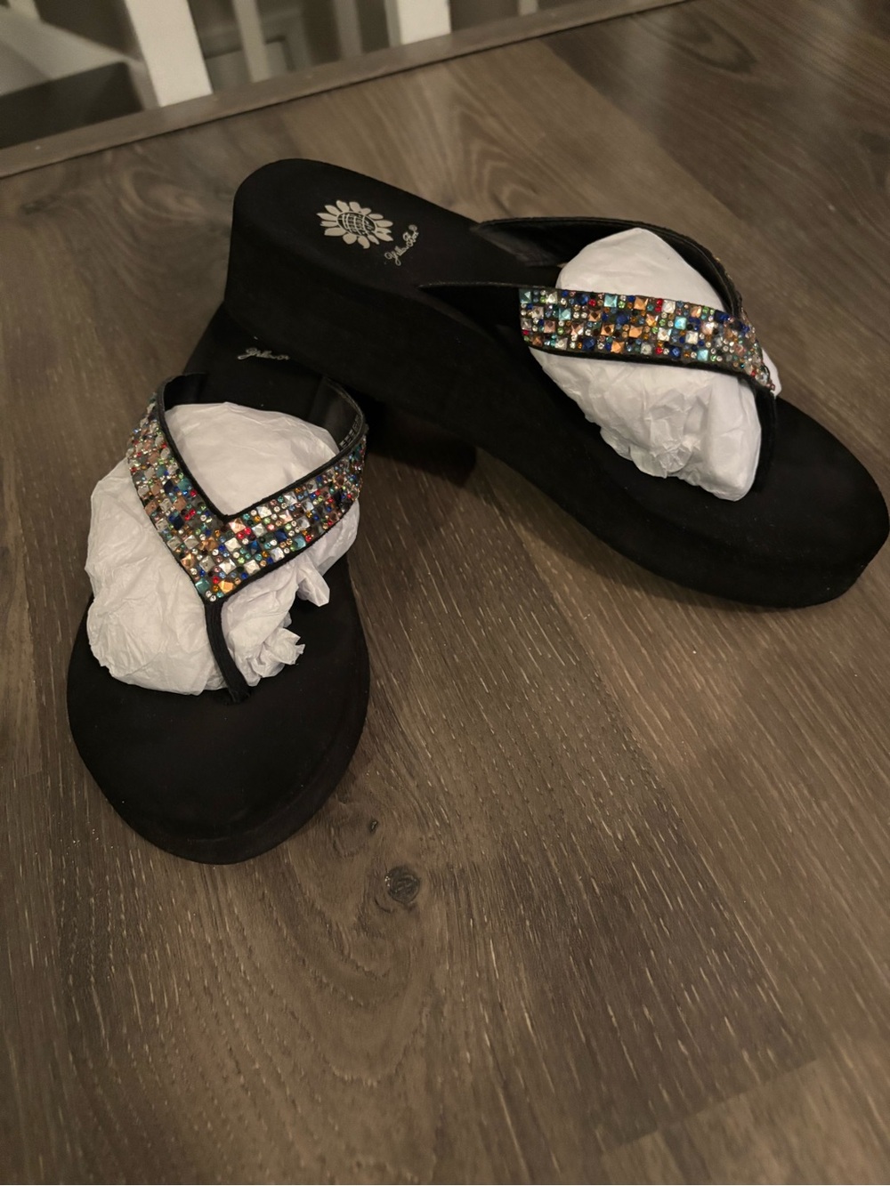 Yellow Box Black Sandals “Scalia” with Multicolor Rhinestone Straps - Picture 2 of 4